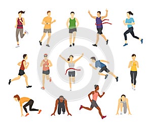 Different running athlets sport people runner group with kit elements silhouette character design let`s run concept photo