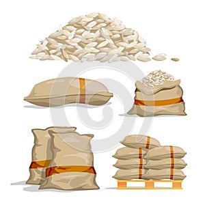 Different sacks of white rice. Food storage vector illustrations