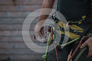 Different safety equipment for arborist or arborists such as ropes, anchors, straps and so on. Detail of arborist equipment