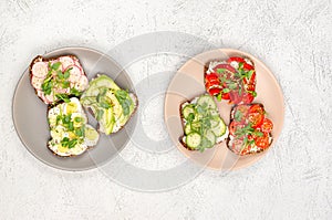 Different sandwiches with vegetables, avacado, egg and microgreens on plates on a light background