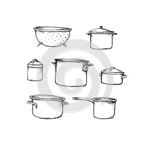 Different saucepans on a white background