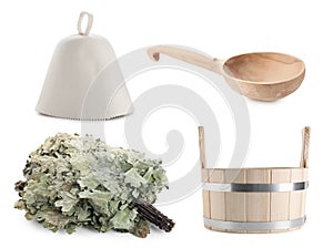 Different sauna items isolated on white, set