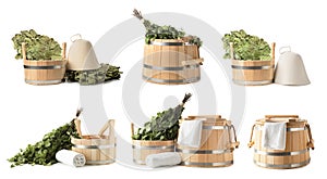 Different sauna items isolated on white, set