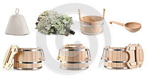 Different sauna items isolated on white, set