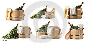 Different sauna items isolated on white, set