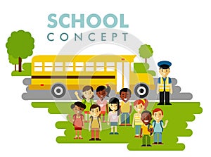 Different school children and bus concept in flat style