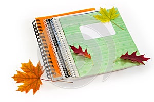 Different school exercise books with spiral binding and autumn leaves