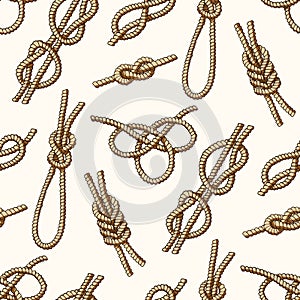 Different sea boat knots types noose rope vector set illustration seamless pattern background