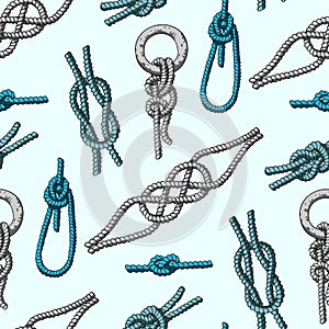 Different sea boat knots types noose rope vector set illustration seamless pattern background