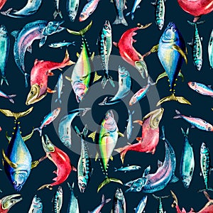 Different sea fishes seamless pattern watercolor illustration isolated on blue.