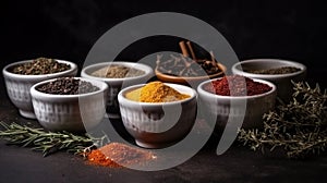 Different seasonings in cups. Spice background on the table