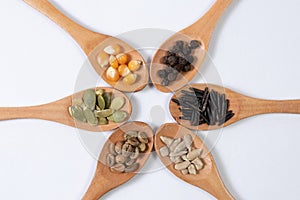 Different seeds -maize, squash, coffee, pepper, rice, sunflower- in wooden spoons on a white surface