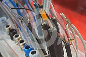 Different separation power cables on the showcase close up