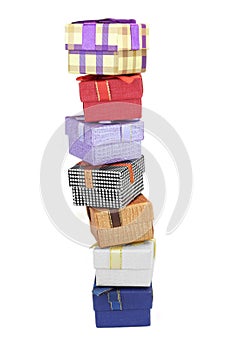 Different Seven Gift Boxes In One-On-One Stack Isolated On White