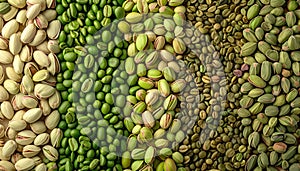 Different shades of green pistachios in rows. Top view. Background for design. Food and nuts.