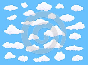 Different shape cartoon white clouds on blue background. Vector decoration element