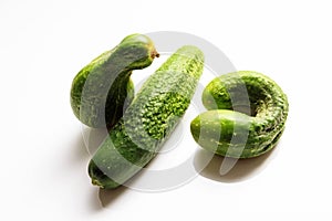 Different shape fresh cucumbers on white background