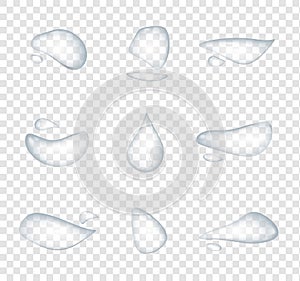 Different shape of realistic water drops vector isolated on transparent background, Glass bubble drop condensation surface, elemen
