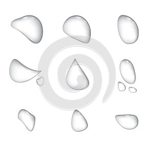 Different shape of realistic water drops vector on white background. Glass bubble drop condensation surface, element design clean