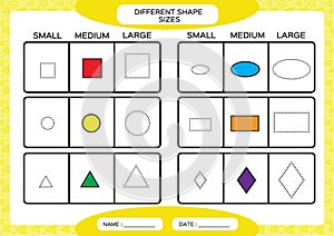 Different shape sizes. Small, medium, large. Learning Basic Shapes. Color, Trace, and Draw. Worksheet for preschool kids