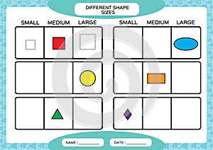 Different shape sizes. Small, medium, large. Learning Basic Shapes. Color, Trace, and Draw. Worksheet for preschool kids