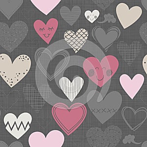 Different shaped hearts on dark seamless pattern