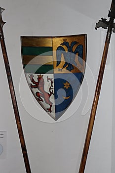 Different shield designs that can be found on the walls in the Bran Castle , Romania