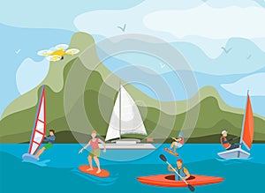 Different ships and vessels for water activity vector illustration. Water sportsmen people and kinds of sports surfing