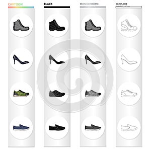 Different shoes cartoon black monochrome outline icons in set collection for design. Men`s and women`s shoes vector