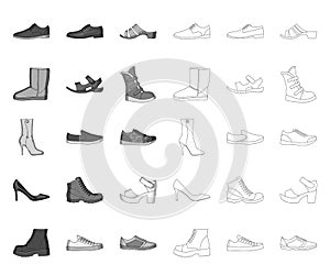 Different shoes mono,outline icons in set collection for design. Men`s and women`s shoes vector symbol stock web