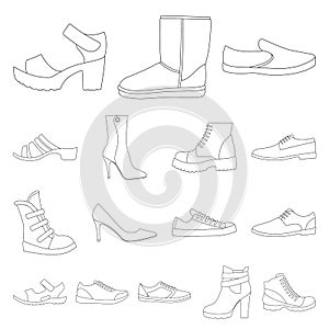 Different shoes outline icons in set collection for design. Men`s and women`s shoes vector symbol stock web illustration