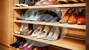 Different shoes on shelves of wardrobe closet. Generative AI