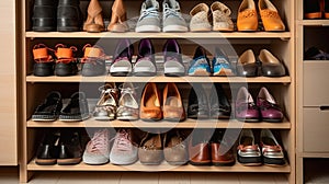 Different shoes on shelves of wardrobe closet. Generative AI