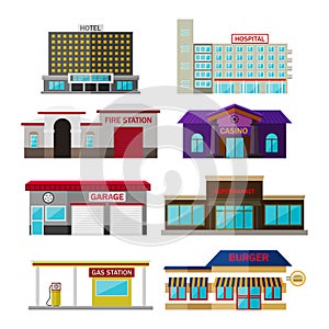 Different shops, buildings and stores flat icon set