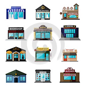 Different shops, buildings and stores flat icon set isolated on white. Includes newsagents, bridal boutique, cafe