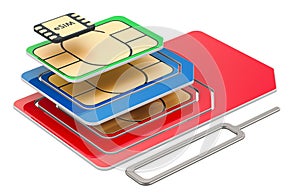 Different SIM cards with eject pin for mobile phone, 3D rendering photo