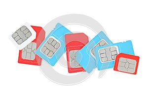 Different SIM cards on white background, top view