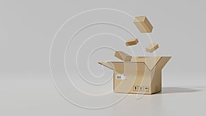 Different size of cardboard boxes and opened parcel box on white background