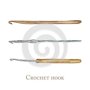 Different size crochet hooks for knitting isolated on white background. Watercolor hand drawn set crocheting wooden and