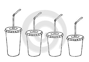 Different Size Paper Cup Template for Soda or Cold Beverage with Drinking Straw. Packaging Collection. Street Fast Food Menu. Hand