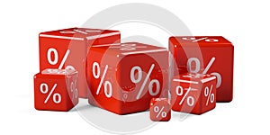 Different sized red cubes or dice with percent sign symbol on white background, sale, discount or sales price reduction concept