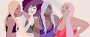 Different sized women laughing together. Group of Girls from different race, ethnicity and skin color