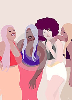 Different sized women laughing together. Group of Girls from different race, ethnicity and skin color