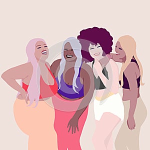 Different sized women laughing together. Group of Girls from different race, ethnicity and skin color