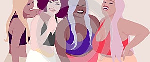 Different sized women laughing together. Group of Girls from different race, ethnicity and skin color