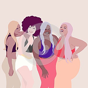 Different sized women laughing together. Group of Girls from different race, ethnicity and skin color