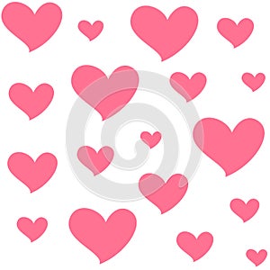 Different sizes pink hearts. Isolated seamless pattern on white background. Symbol of love and romance.