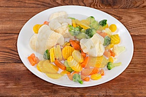 Different sliced frozen vegetables on dish on wooden table