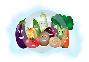 Different smiling vegetables on  light blue background, horizontal vector illustration