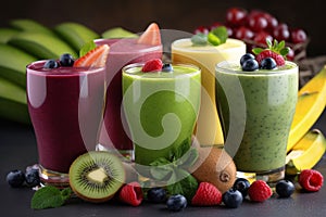 different smoothies sorted together. healthy eating, vegetarian diets, beverages